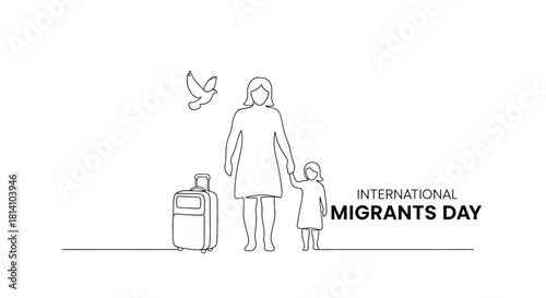 Line art illustration of a family with luggage symbolizing migration and hope