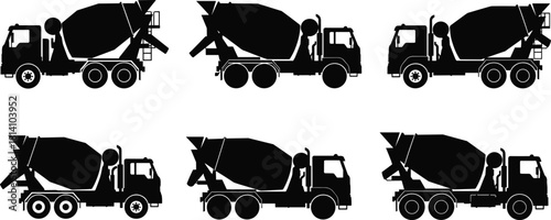 Set of concrete mixer truck silhouettes, heavy construction machinery, cement mixers, and transportation vehicles essential for building industry vector illustration.