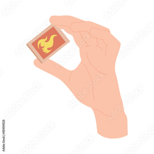 Human hand holding a matchbox with flame symbol, isolated on white background vector illustration
