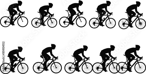 Set of Cyclist Silhouettes Riding Road Bikes, Representing Bicycle Race, Sport, Exercise, Fitness, Outdoor Activity, Competition, and Healthy Lifestyle Vector