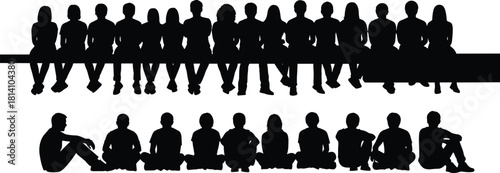 Set of diverse group silhouettes sitting and resting together, depicting teamwork, friendship, and collaboration among students or young adults vector illustration graphics.