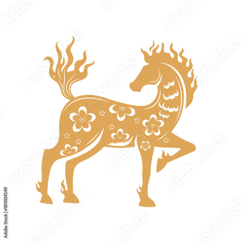 Elegant Chinese Zodiac Horse Silhouette with Abundant Floral Decorations and Fire Accents