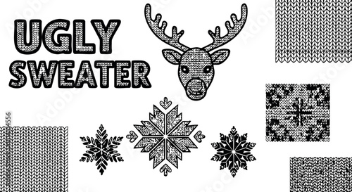 Ugly sweater pattern design with deer head snowflakes and knitted textures vector illustration