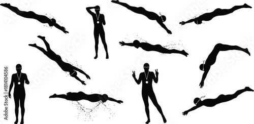 Set of Female Swimmer Silhouettes in Dynamic Swimming and Diving Poses, Vector Illustration of Woman Athlete Training, Representing Water Sport and Victory