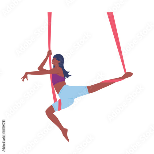 Isolated young woman performing aerial yoga pose with fabric hammock on white background vector illustration
