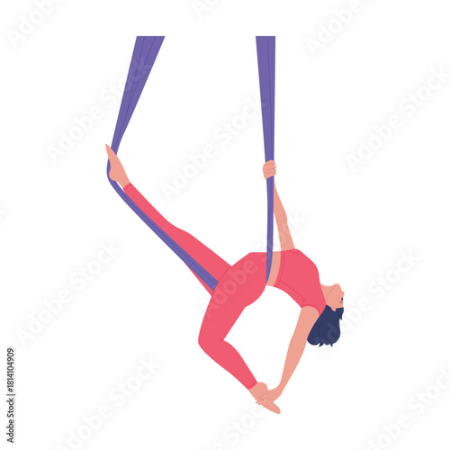 Isolated young woman performing aerial yoga pose with hammock for fitness and flexibility vector illustration