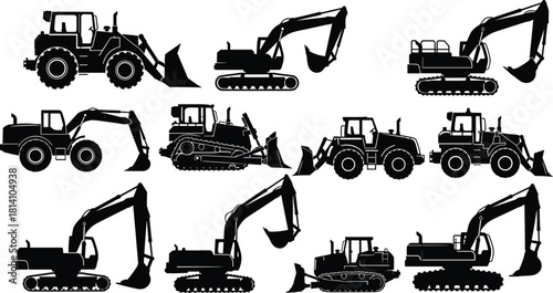 Set of heavy construction machinery silhouettes, including excavators, bulldozers, and wheel loaders, depicting essential earthmoving and building equipment vector illustration.