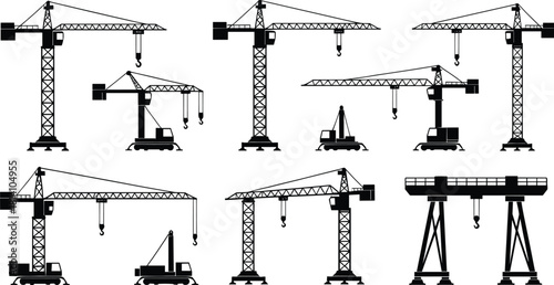 Set of heavy construction tower crane silhouettes, industrial lifting machinery essential for large-scale building, site development, and civil engineering vector illustration.