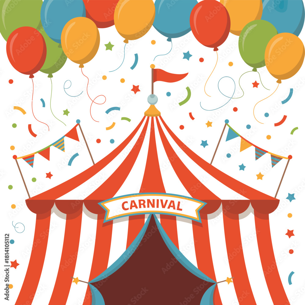 Fototapeta premium Bright carnival tent with balloons and confetti celebration