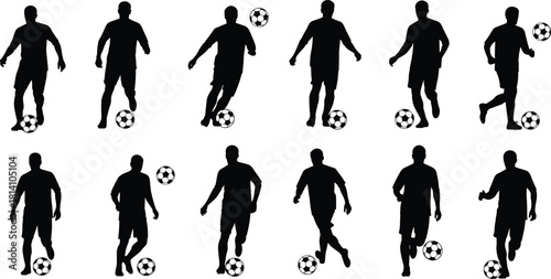 Set of male soccer player silhouettes dribbling a football, depicting athletes in various poses, running, kicking, and engaging in competitive sport vector illustration.