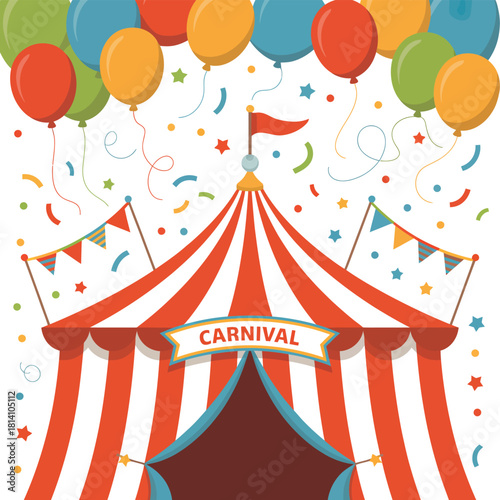 Bright carnival tent with balloons and confetti celebration
