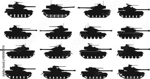 Set of military battle tank silhouettes, including main battle tanks, armored fighting vehicles, and heavy tank destroyer machines, ready for action vector illustration graphics.