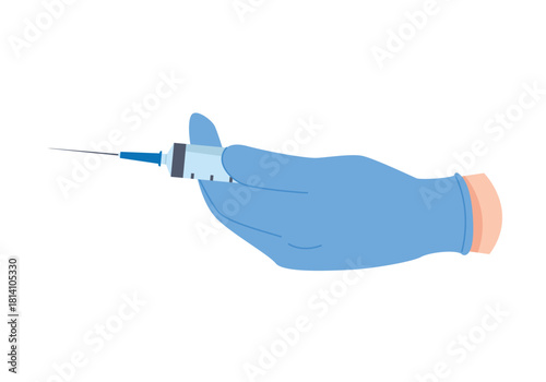 Blue gloved hand holding syringe for injection on white background, isolated vector illustration