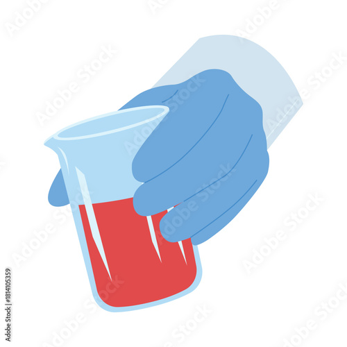 Isolated gloved hand holding a laboratory beaker with blood sample for medical or scientific use vector illustration