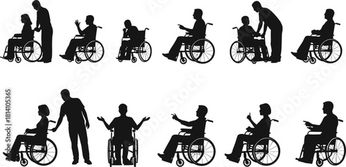 Set of people in wheelchairs and caregivers silhouettes, depicting assistance, independence, therapy, and diverse disability awareness vector illustration graphics.