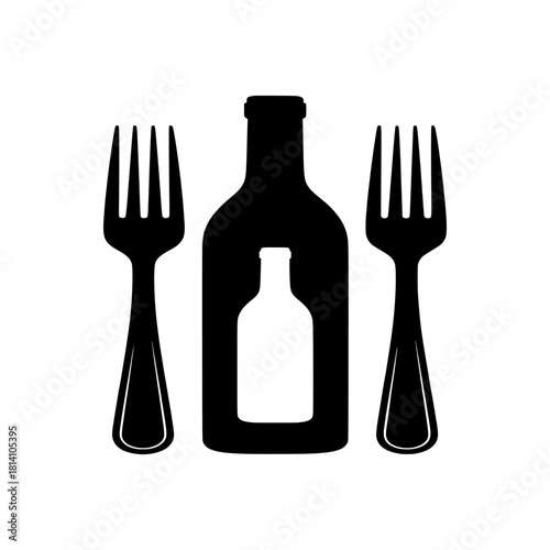 Elegant Black and White Wine Pairing Icon with Bottle and Forks
