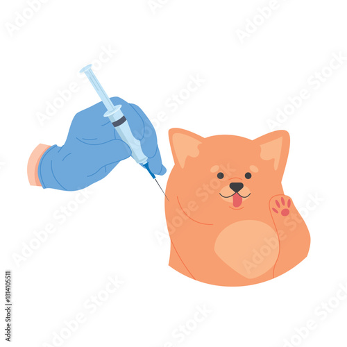 Gloved hand holding syringe giving vaccine to cute puppy on isolated white background vector illustration