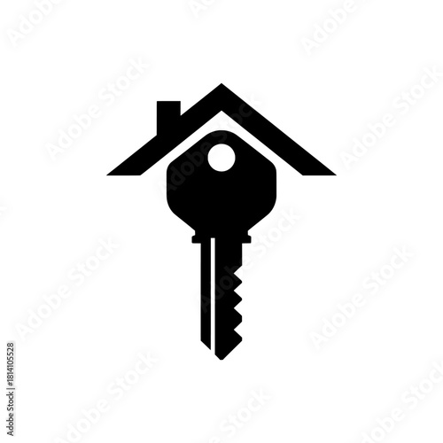 Minimalist vector graphic of a house key with a roof symbol, representing real estate, home ownership, and property security