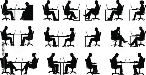 Set of people silhouettes working on laptops at desks, depicting office workers, business meetings, and digital technology use in a modern workplace vector illustration.