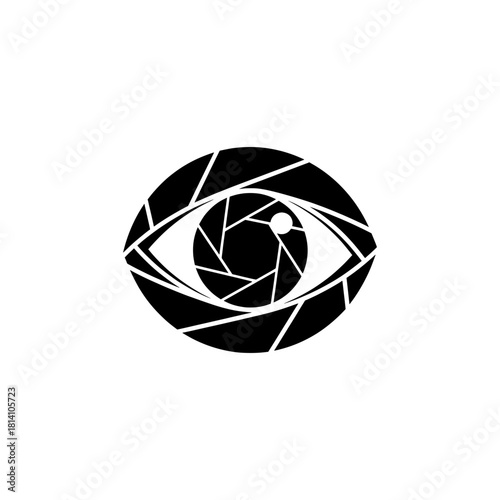 Abstract vector logo of a human eye with a camera lens aperture as the pupil, symbolizing vision and photography