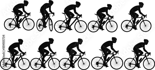 Set of racing cyclist silhouettes, professional athletes riding road bikes, training, and engaging in competitive cycling sport and fitness vector illustration.