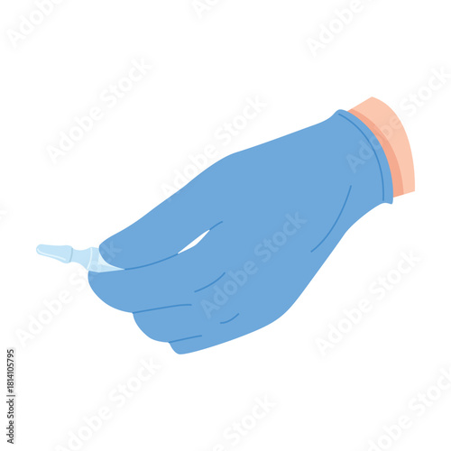 Blue gloved hand holding syringe ampoule for medical or vaccination purposes on isolated background vector illustration