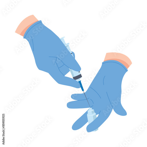 Medical professional hands in blue gloves drawing liquid from vial with syringe isolated vector illustration