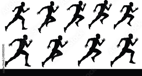 Set of Sprinting Man Silhouettes in Running Poses, Vector Illustration of Male Athlete in Dynamic Motion, Representing Speed, Competition, and Fitness Training