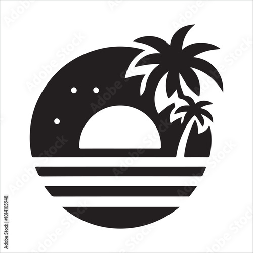 Retro sunset tropical vector silhouette clip art logo design concept illustration