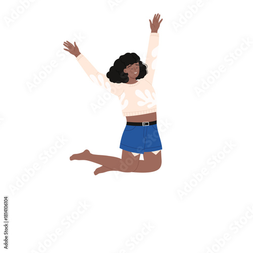 Joyful young woman jumping with arms raised, smiling and energetic, isolated on white vector illustration