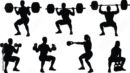 Set of squat exercise vector silhouettes, demonstrating male and female athletes performing squats with barbell, dumbbells, and kettlebells for strength training and fitness.