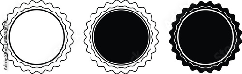 Set of three black and white round rosette seals, wavy scalloped outline badges, vintage emblem labels for product certification, guarantee, or quality achievement.