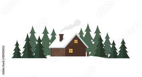 Cozy cabin nestled among snowy evergreen trees