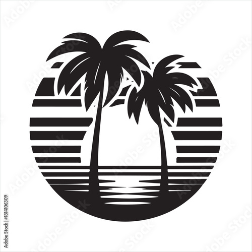 Retro sunset tropical vector silhouette clip art logo design concept illustration