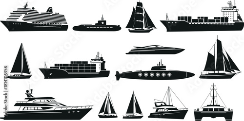 Set of various boat and ship silhouettes, cruise liner, cargo container ship, military submarine, sailing yachts, speedboat, different types of marine transport collection.