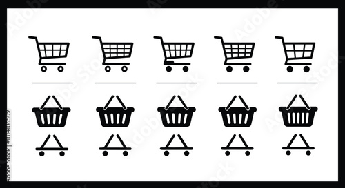 Shopping Cart and Basket Icon Set, Collection of Store Trolley and Carry Bag Symbols, E-commerce Online Purchase Vector Illustration.