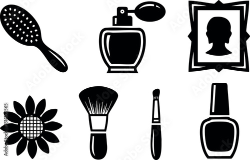 Beauty accessories vector set with hairbrush perfume bottle flower makeup tools silhouette frame and nail polish