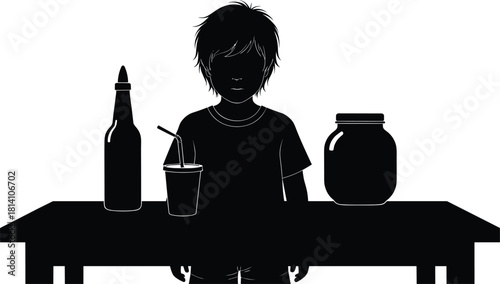 Silhouette of a Young Child Sitting at a Table with Drinks and a Large Jar, Featuring Simple Line Art Vector Illustration on a White Background