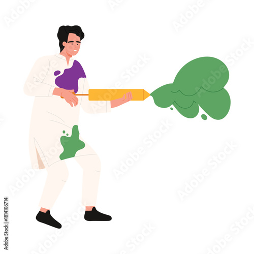 Young man in traditional attire spraying colorful powder for Holi festival celebration isolated vector illustration