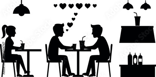 Silhouette couple dating in cafe vector illustration with girl waiting and romantic hearts above conversation