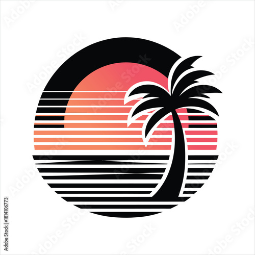 Retro sunset tropical vector silhouette clip art logo design concept illustration