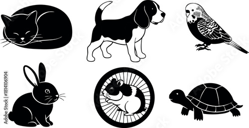 Black silhouette cat dog rabbit hamster bird turtle animal pet vector set illustration