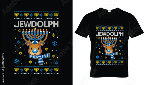 Jewdolph Hanukkah Reindeer T-Shirt – Funny Menorah Jewish Holiday Ugly Sweater Tee