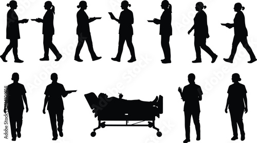 Silhouettes of female nurses and medical staff working, vector set depicting hospital patient care, healthcare professionals, and medical service activities.