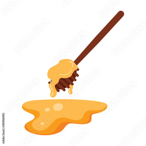 Wooden honey dipper tool with fresh golden honey isolated on white background vector illustration