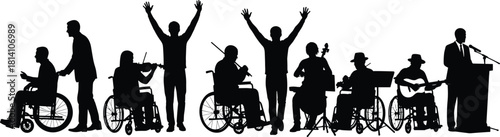 Silhouettes of people with disabilities and musicians, including men and women in wheelchairs performing, symbolizing inclusivity, public speaking, and celebration vector illustration.
