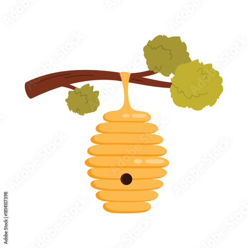 Cartoon honey beehive hanging from tree branch with dripping honey, isolated on white vector illustration