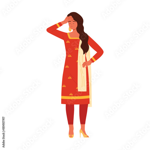 Isolated Indian woman in red traditional dress holding head and looking stressed vector illustration