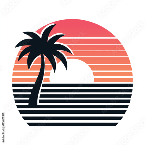 Retro sunset tropical vector silhouette clip art logo design concept illustration