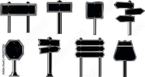Set of black silhouette road signs vector illustration with various shape and direction options on poles